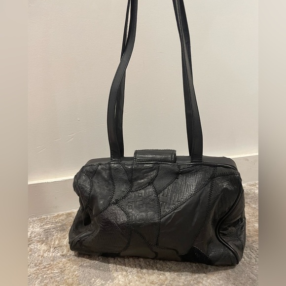 Vintage Black Patchwork Shoulder Handbag Purse Bag Gladstone Doctor Bag Opening - Picture 3 of 14